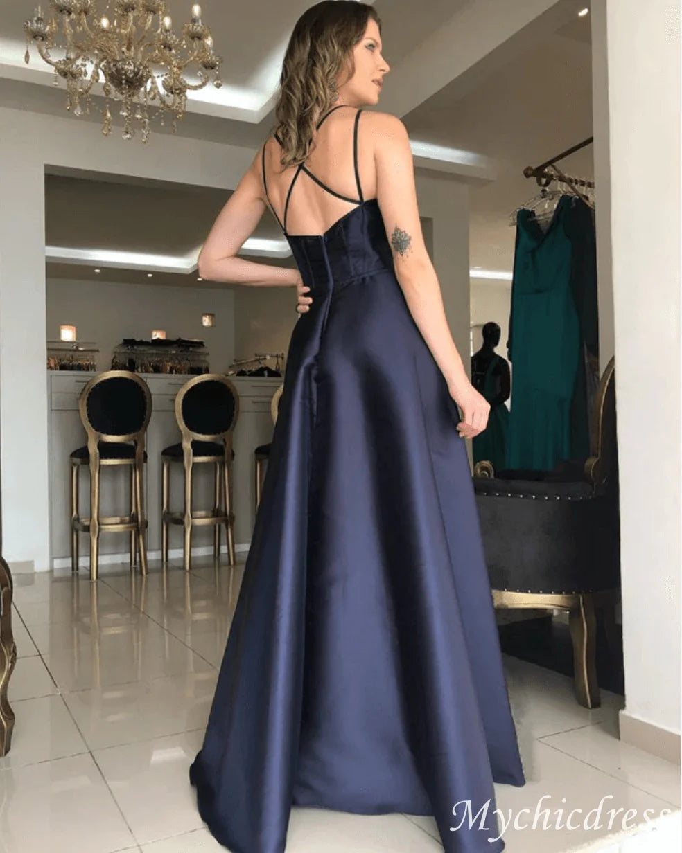Simple Navy Blue Prom Dresses Satin A Line Evening Dresses Sleeveless